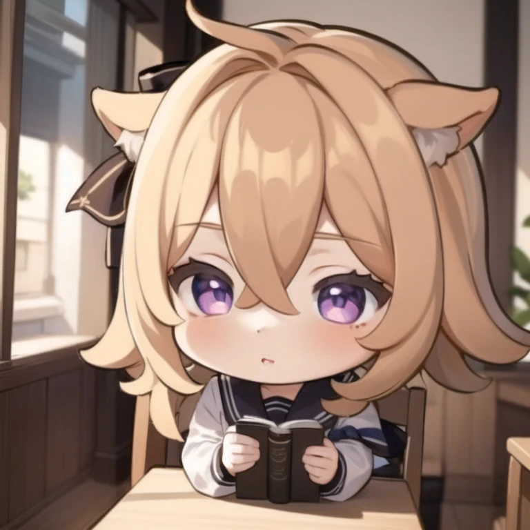 masterpiece, best quality, chibi, 1girl, solo, blond hair, purple eyes, animal ears, school uniform <lora:GenshinStickers:1>