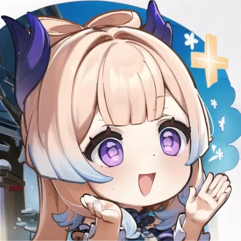 masterpiece, best quality, chibi, 1girl, solo, sangonomiya kokomi, pink hair, purple eyes, hair ornament, mouth open, waving, smiling <lora:GenshinStickers:1> <lora:sangonomiyaKokomi_v10:0.8>
