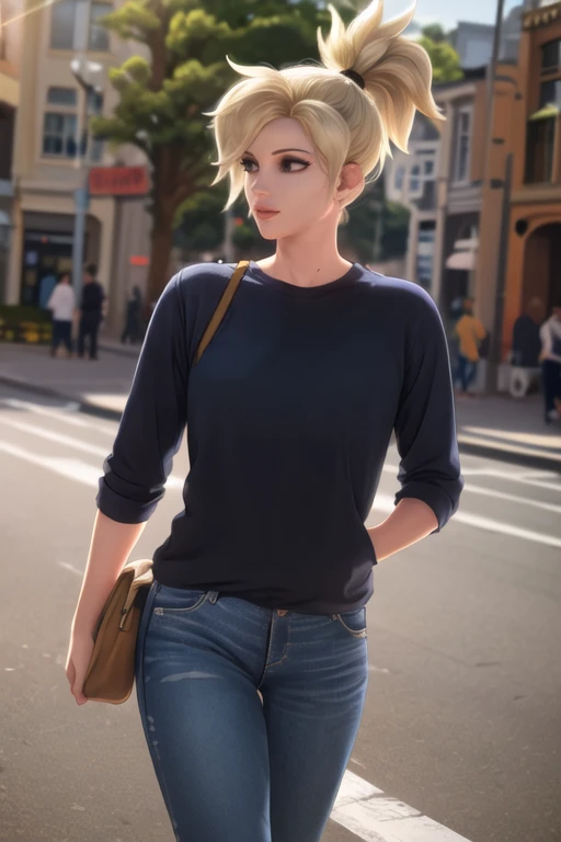 mercy, casual clothes, shirt, jeans, high ponytail, city street, sunlight, <lora:mercyoverwatchlora_v1:0.7>, best quality