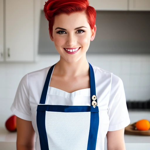 a closeup portrait of a playful maid, undercut hair, apron, amazing body, pronounced feminine feature, busty, kitchen, [ash blonde | ginger | pink hair], freckles, flirting with camera<lora:LORA14DM120deliberate_v2:1>