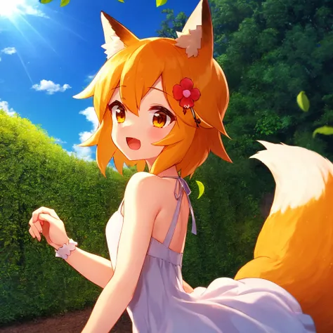 masterpiece, best quality, detailed background, cinematic lighting, sen, animal ears, fox ears, fox girl, fox tail, hair flower, hair ornament, orange eyes, orange hair, short hair, tail, 1girl, solo, garden, outdoors, sunrays, cloud, sky, outdoors, cloudy...