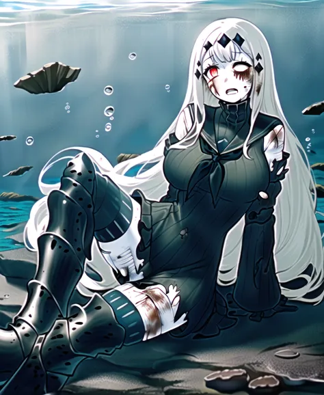 nsfw, masterpiece, best quality, best anatomy, digital art, Intricately designed illustration, aircraft carrier water oni, 2 legs, lying, (sleeping), closed mouth, (((((damaged, torn dress, injury, scratches)))), 1girl, solo, colored skin, pale skin, white...