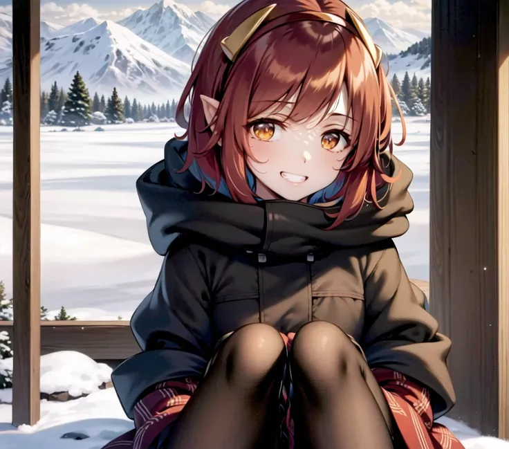 <lora:ke-ta:0.9>, winter, snow, coat, mountain, arctic, grin, solo, female focus, full body, <lora:gena:0.4>, red hairband, mult...