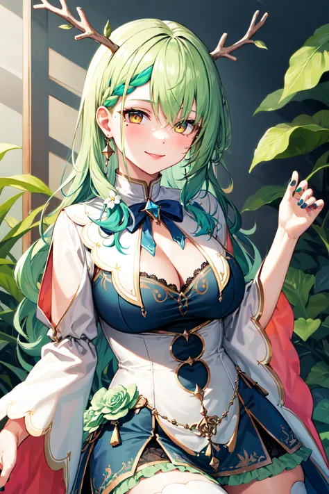 masterpiece, best quality, 1girl, breasts, green hair, braid, braided bangs, cleavage, thighhighs, single braid, single thighhigh, antlers, dress, yellow eyes, jewelry, anklet, nail polish, mole, toenail polish, green nails,hair flower, mole under eye, mul...