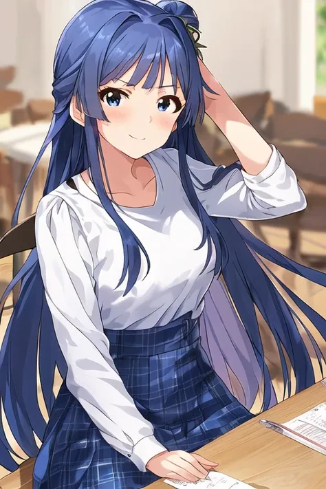 shizuka mogami,
rarity ssr,
1girl, blue eyes, blue hair, blue skirt, blurry, blurry background, blush, hair tucking, half updo, ...