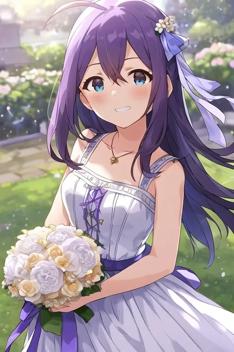 anna mochizuki,
rarity ssr,
1girl, ahoge, aqua eyes, bare arms, bare shoulders, blue ribbon, blurry, blurry background, blush, b...