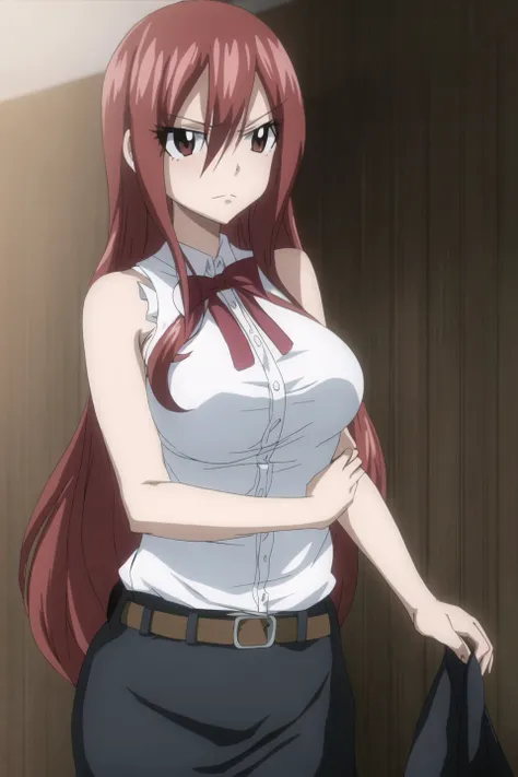 erza, fairy tail, anime art style, 1girl, solo, long_hair, breasts, looking_at_viewer, shirt, ribbon, brown_eyes, white_shirt, u...