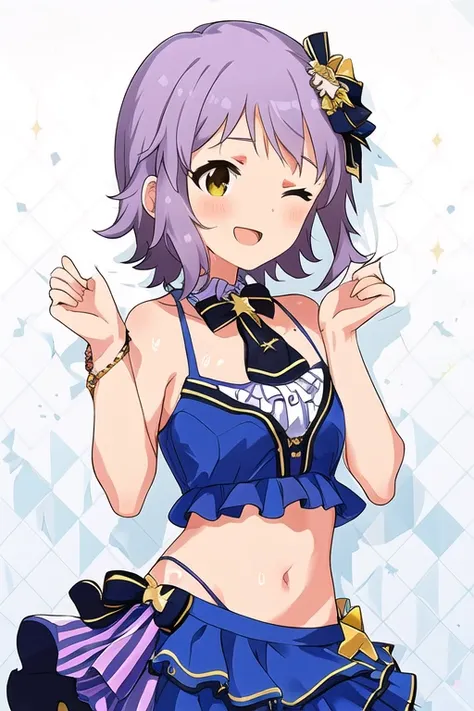 mizuki makabe,
rarity ssr,
1girl, ;d, aqua bow, bangle, bare arms, bare shoulders, bikini, bikini top only, bikini under clothes...