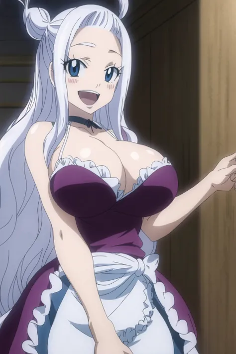 mirajane, fairy tail, anime art style, 1girl, solo, long_hair, breasts, looking_at_viewer, smile, open_mouth, blue_eyes, large_breasts, dress, cleavage, white_hair, :d, choker, topknot, anime_coloring