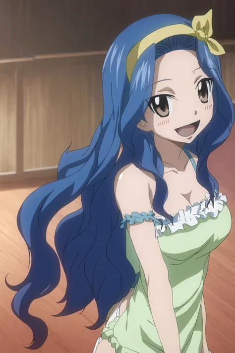 levy, fairy tail, anime art style, 1girl, solo, long_hair, smile, hair_ornament, bare_shoulders, brown_eyes, blue_hair, collarbo...