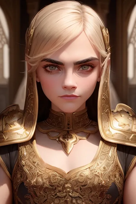 (caradelevingne_ti:0.98) masterpiece, (photorealistic:1.0),30s,empress, highly detailed face, sharp focus,best quality, beautiful lighting, golden hour, upper body, medieval armor, intricate , RAW photo, 8k uhd, film grain