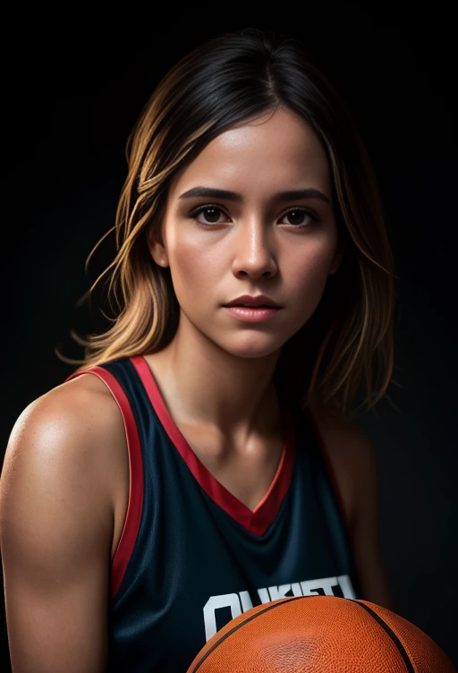 beautiful mature college girl, wearing basketball outfit, in basketball court, slim, petite,, photorealistic, photo, masterpiece, realistic, realism, photorealism, high contrast, photorealistic digital art trending on Artstation 8k HD high definition detai...