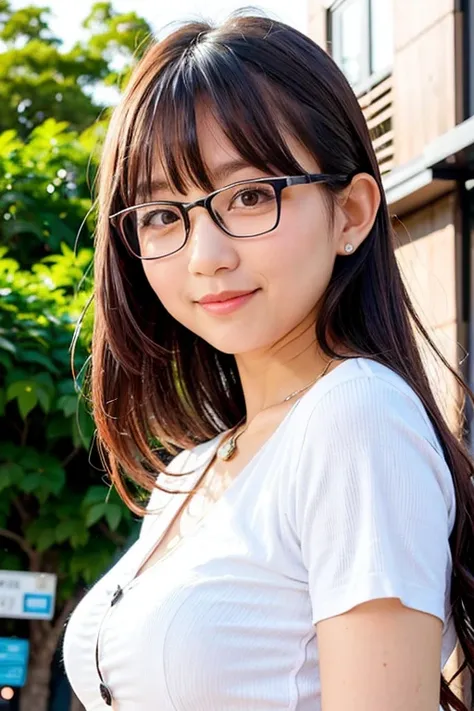 "1girl,photo of pyoapple, brown hair, white eyeglasses,best quality, white shirt,(detailed face:1.4), (looking at viewer:1.4), s...