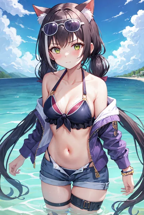 masterpiece, best quality, ultra-detailed,1girl, bangs, bare shoulders, bikini, bikini under clothes, black bikini, blue sky, blush, bow, bracelet, breasts, closed mouth, cloud, collarbone, cowboy shot, day, eyewear on head, hair bow, jacket, jewelry, kary...