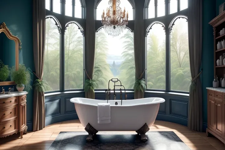 (Professional 3D rendering:1.3) of magicalinterior style, bathroom, bathing room, plant, scenery, window, tree, nature, bathtub, forest, mirror, bath, faucet, water, house interior, indoors, cottage interior, treehouse interior, dark, gothic, Goth, luxury,...