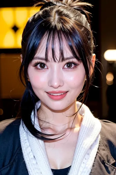"1girl,photo of momo, high ponytail, hair,best quality,(detailed face:1.4), (looking at viewer:1.4), shiny skin, smile, city at night background ,(half body:1) <lora:momotwice_v1.0-000003:0.850>