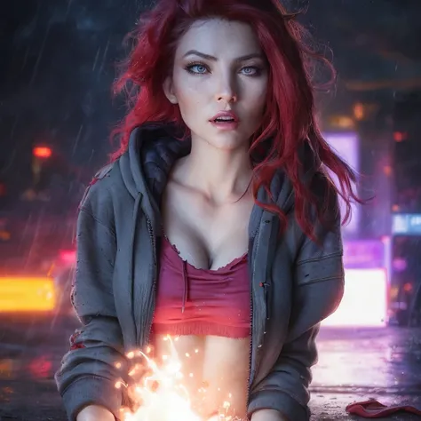 best quality, masterpiece, cinematic, realistic, cyberpunk, cyberpunk city, neon, volumetric lighting, black sky, (raining, thunderstorm), 1girl, (scarlet witch clothing, hoodie, pants, punk clothes), (flowing red hair), water reflecting off ground, ((hidd...