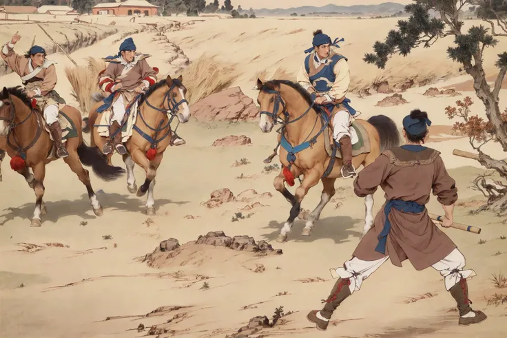 ((best quality)), ((masterpiece)), (detailed), multiple boys, battle, outdoors, fighting stance,amy,horse