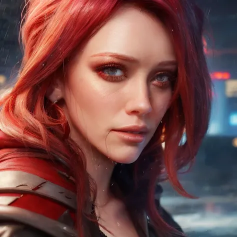 best quality, masterpiece, cinematic, realistic, cyberpunk, cyberpunk city, neon, volumetric lighting, black sky, (raining, thunderstorm), 1girl, (scarlet witch clothing, hoodie, pants, punk clothes), (flowing red hair), water reflecting off ground, ((hidd...