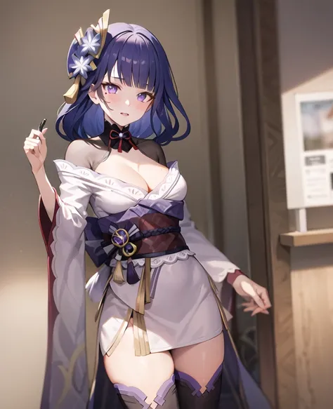 masterpiece, best quality, 1girl, solo, raiden_genshin, default_dress, wide sleeves, thighhighs, standing <lora:Raiden:1>