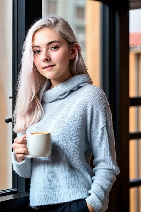 RAW photo, a photo of evaelfie00 drinking a hot coffee while wearing winter clothes, background is a city in winter, (high detailed skin:1.2), 8k UHD, DSLR, soft lighting, high quality, film grain, Fujifilm XT3