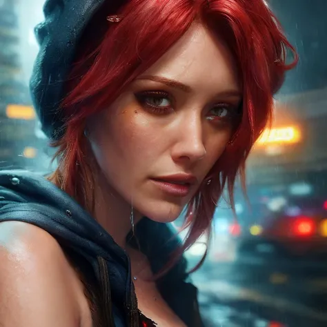 best quality, masterpiece, cinematic, realistic, cyberpunk, cyberpunk city, neon, volumetric lighting, black sky, (raining, thunderstorm), 1girl, (scarlet witch clothing, hoodie, pants, punk clothes), (flowing red hair), water reflecting off ground, ((hidd...