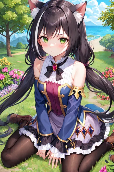 masterpiece, best quality, ultra-detailed,1girl, bangs, bare shoulders, black pantyhose, blush, boots, bow, breasts, brooch, brown footwear, closed mouth, detached sleeves, dress, frilled dress, frilled skirt, frills, green eyes, hair bow, jewelry, karyl, ...