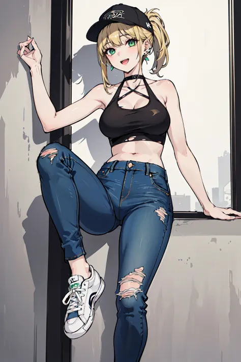 (intricate details, extremely detailed, beautiful, masterpiece, 8k, absurdres, high res, bloom), ((1girl, solo:1.4)), mature female, several ear piercings, lots of earrings, round face, bangs, bare_shoulders, green eyes, baseball_cap, blonde_hair, ponytail...