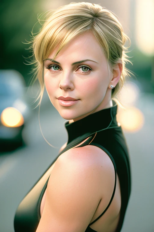 (charlizetheron_ti-1650:0.99), hyper realistic photograph, detailed face, film grain, Kodak portra 800, f1.8,golden hour,short black hair