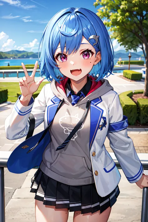 masterpiece, best quality, highres, 1girl, virtual youtuber, solo, grey hoodie, fang, blue hair, skin fang, blazer, short hair, white jacket, mole on thigh, bangs, black skirt, hair behind ear, black socks, collared shirt, purple eyes, pleated skirt, armba...