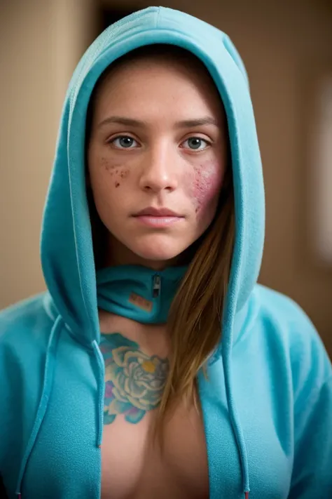 beautiful American college girl, wearing hoodie, looking at viewer, tattoo on face, hyper detailed, detailed face,, POV, by lee jeffries nikon d850 film stock photograph 4 kodak portra 400 camera f1.6 lens rich colors hyper realistic lifelike texture drama...