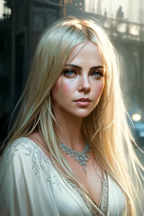 (masterpiece), (extremely intricate), photorealistic photo of (charlizetheron_ti-1650:1), white robe moving in the wind, long white hair, fully clothed, perfect face, handsome, (perfect composition:1.4), deviantart hd, artstation hd, concept art, detailed ...