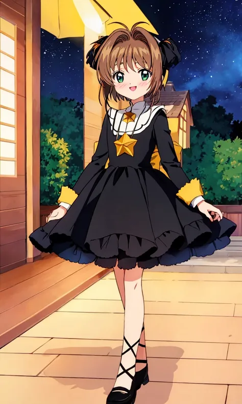 masterpiece, 1girl, petite, (kinomoto sakura), smiling, looking at the viewer, full body, blush
BREAK
very detailed, full of detail, wearing black (costume), outside, night, starry sky, shooting star