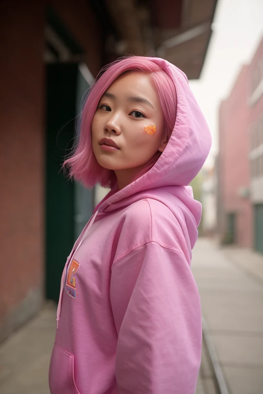 beautiful college girl, wearing hoodie, looking at viewer, pink hair, solo, tattoo on face, upper body, detailed background, town, alley, hyper detailed, detailed face,, POV, by lee jeffries nikon d850 film stock photograph 4 kodak portra 400 camera f1.6 l...