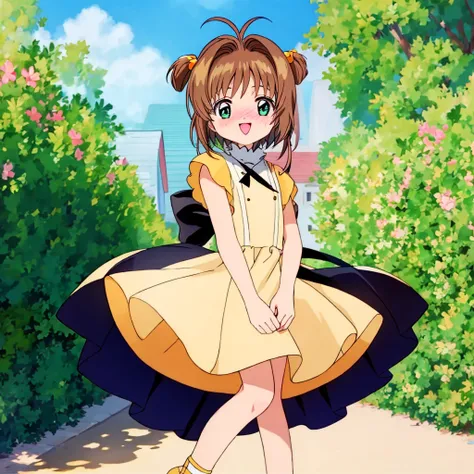 masterpiece, 1girl, petite, (kinomoto sakura), smiling, looking at the viewer, full body, blush
BREAK
very detailed, full of detail, wearing (costume), outside, sunny day