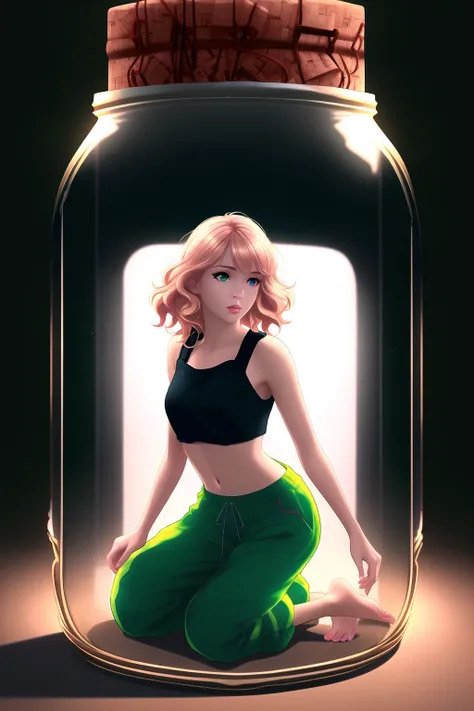 (in glass jar:1.45), full body, trapped, cramped, cinematic lighting, rim light, reflections, front view, masterpiece, best quality, 1girl, barefoot, pink eyes, short hair, wavy hair, blonde hair, small breasts, green crop top, baggy pants, embarassed, k...
