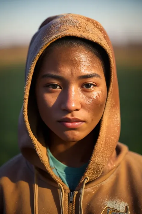 beautiful American college girl, wearing hoodie, looking at viewer,  mud on face, portrait, hyper detailed, detailed face,, POV, by lee jeffries nikon d850 film stock photograph 4 kodak portra 400 camera f1.6 lens rich colors hyper realistic lifelike textu...