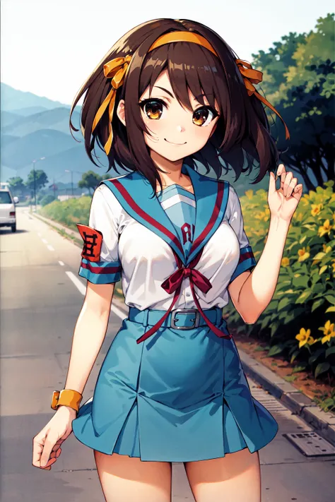 masterpiece, best quality, highres, 1girl, suzumiya haruhi, solo, kita high school uniform, blue sailor collar,  sailor collar, blue skirt, brown hair, short hair, brown eyes, armband, hairband, medium hair, ribbon, socks, medium breasts, <lora:suzumiya_ha...
