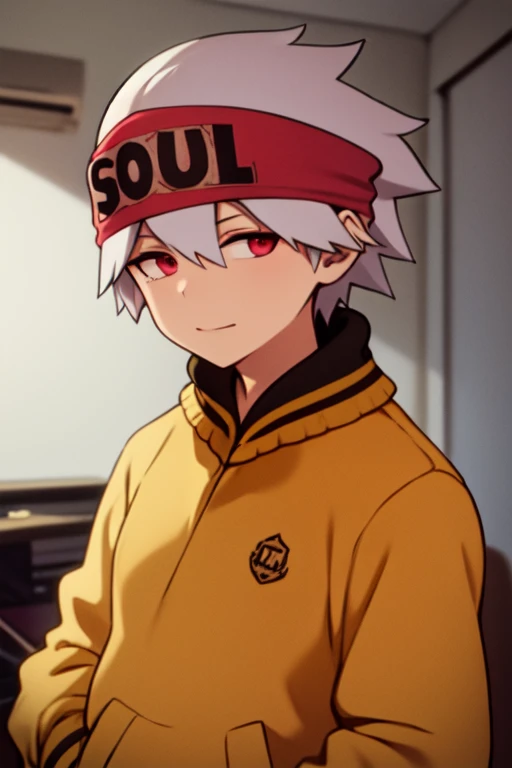 best quality, masterpiece, <lora:Soul Evans:0.7>, Soul Evans, letterman jacket, headband with text that says soul, looking at viewer, music room, upper body