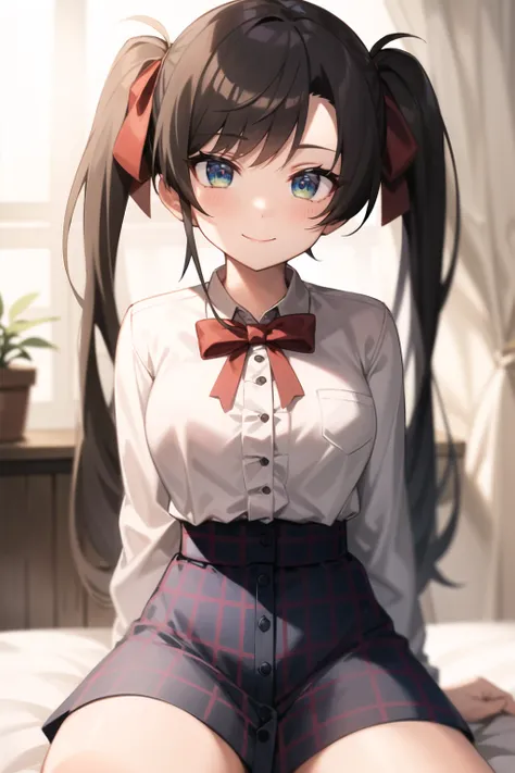 2d, masterpiece, best quality, anime, highly detailed face, highly detailed eyes, highly detailed background, perfect lighting, cowboy shot, 1girl, solo, oozora subaru, multicolored eyes, twintails, long hair, red bow, white shirt, frilled shirt, blue skir...