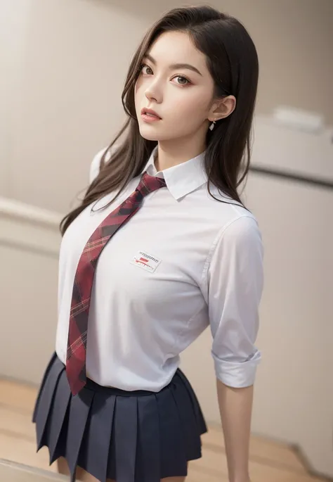 solo,school uniform, wide angle, (low angle),earrings,fabric pleated skirt, necktie,posing,campus,half-length photo,cowboy shot, 
(looking at viewer),
   red_lips,shiny skin,(skindentation),unparalleled masterpiece, ultra realistic 8k CG, clean, beautiful ...