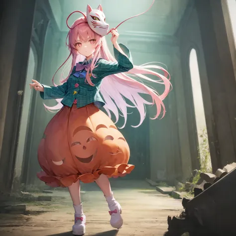 (1girl, koko), bubble skirt, aqua shirt, collared shirt, expressionless, eyebrows hidden by hair, fox mask, full body, long hair, long sleeves, mask, multicolored buttons, pink eyes, pink hair, orange skirt, plaid shirt, purple bow, purple bowtie, solo, ve...