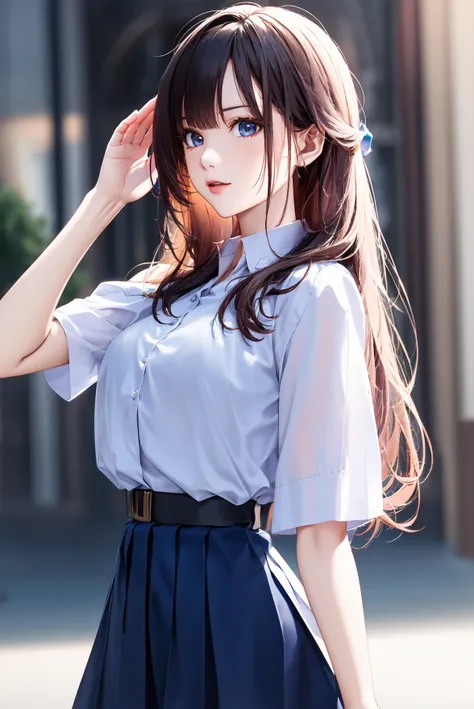 (extremely detailed CG:1.2), (masterpiece:1.2), (best quality:1.2),,((absurdres)),looking at viewer,full body
,(1girl),solo,(long hair),(mathayom uniform),(white shirt short sleeves),(navy_blue pleated skirt),(long skirt),dynamic angle,standing,dynamic pos...
