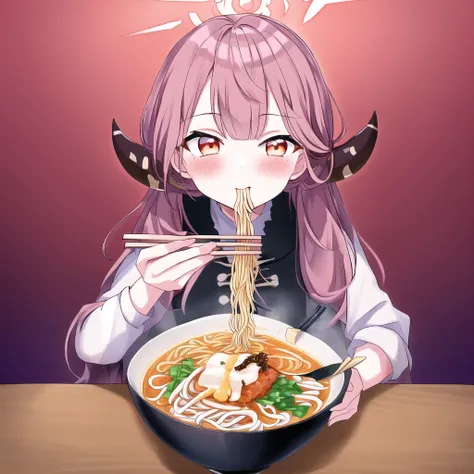 <lora:ramen:1>masterpiece, best quality, 1girl, ramen, eating, chopsticks, noodles <lora:aru_n:1>aru (blue archive), table