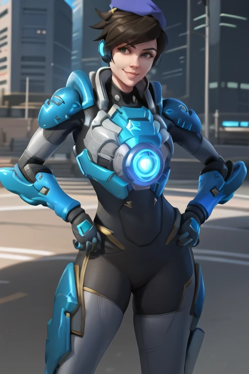 tracer, cadet uniform, beret, earpiece, standing, armor, hands on hips, looking at viewer, cheeky smile, futuristic city, best quality, <lora:tracerOverwatchLORA_v1:0.7>