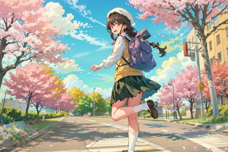 sign, road sign, outdoors, solo, skirt, brown hair, road, bag, socks, hat, backpack, shoes, scenery, sunlight, tree, traffic light, brown footwear, school uniform, dappled sunlight, street, day, long hair, flower, white socks, petals, loafers, looking at v...