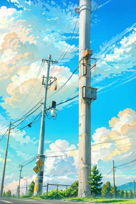 outdoors, sky, cloud, day, black hair, scenery, shirt, tree, blue sky, building, sign, no humans, power lines, white shirt, house, english text, railing, long hair, wide shot, short sleeves, utility pole <lora:airconditionerlora:1>