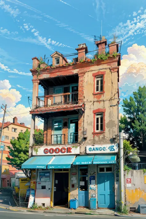 outdoors, sky, cloud, day, black hair, scenery, shirt, tree, blue sky, building, sign, no humans, power lines, white shirt, house, english text, railing, long hair, wide shot, short sleeves, utility pole <lora:airconditionerlora:1>