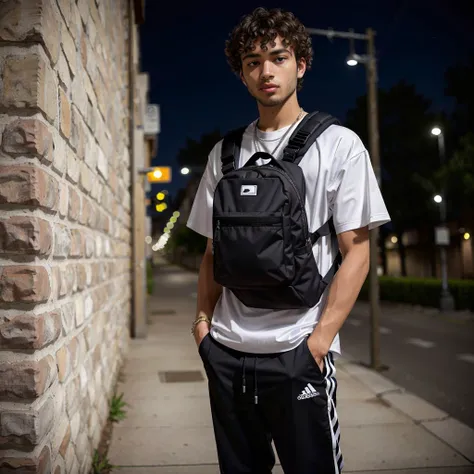 superstar male, night, crossed arms, streetwear, techwear, backpack, modeling, photo, real, candid, masterful composition