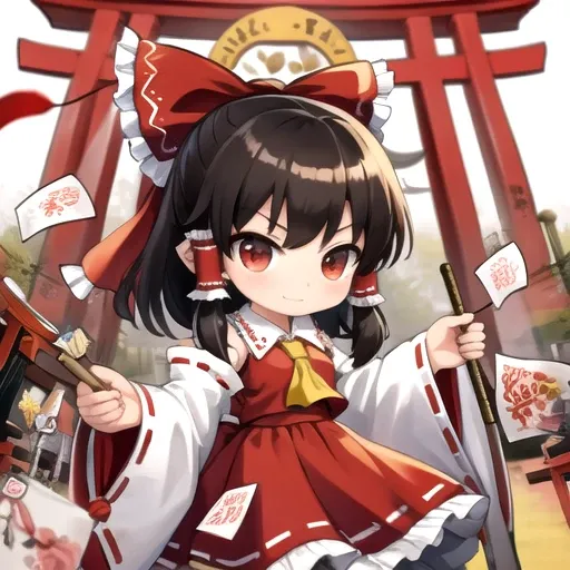 (masterpiece, best quality:1.2), <lora:AKTEST-03:1> chibi, hakurei reimu, torii gate, ofuda